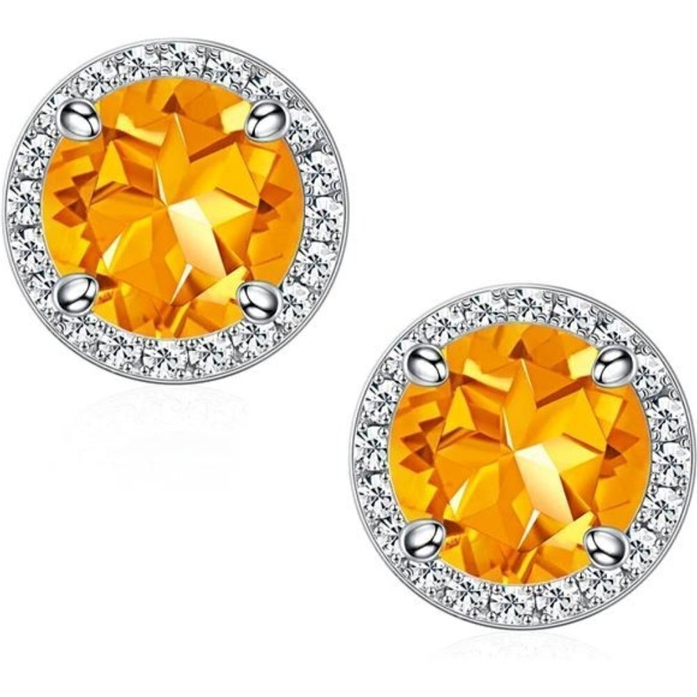 November 18k White Gold Citrine Birthstone Diamond Halo Stud Earrings S925 Gem